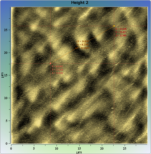 Indium phosphide (InP) on sapphire surface. AFM image. Semi-contact mode. Topography and cross-section.