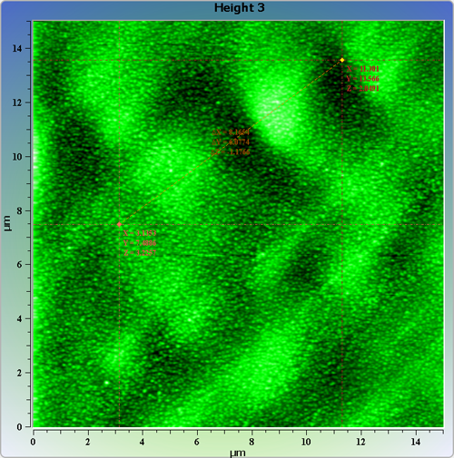 Indium phosphide (InP) on sapphire surface. AFM image. Semi-contact mode. Topography and cross-section.
