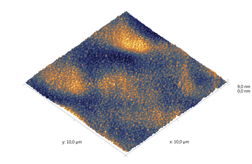 Indium phosphide (InP) on sapphire surface. AFM image. Semi-contact mode. Topography 3D.