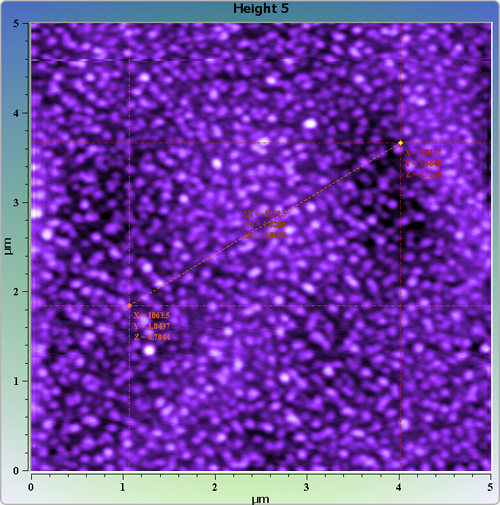 Indium phosphide (InP) on sapphire surface. AFM image. Semi-contact mode. Topography and cross-section.