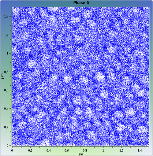 Indium phosphide (InP) on sapphire surface. AFM image. Semi-contact mode. Phase image.