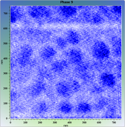 Indium phosphide (InP) on sapphire surface. AFM image. Semi-contact mode. Phase image.