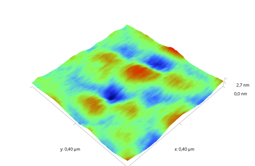 Indium phosphide (InP) on sapphire surface. AFM image. Semi-contact mode. Topography 3D.