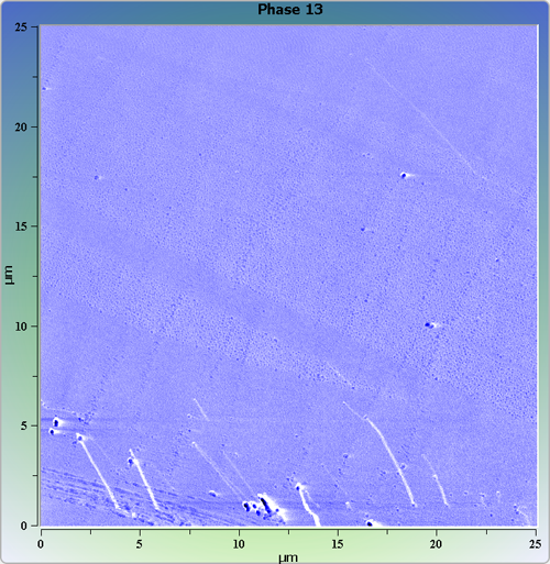 Indium phosphide (InP) on sapphire surface. AFM image. Semi-contact mode. Phase image.