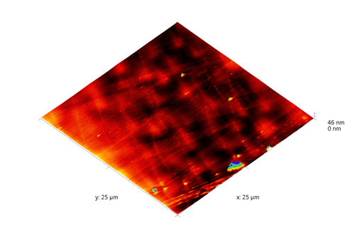 Indium phosphide (InP) on sapphire surface. AFM image. Semi-contact mode. Topography 3D.