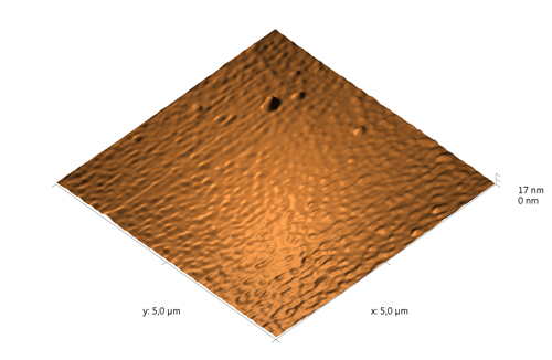 Indium phosphide (InP) on sapphire surface. AFM image. Semi-contact mode. Topography 3D.