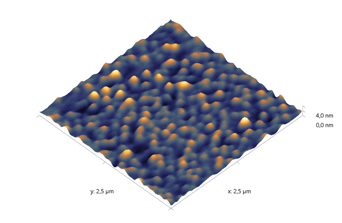 Indium phosphide (InP) on sapphire surface. AFM image. Semi-contact mode. Topography 3D.