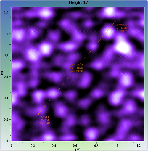 Indium phosphide (InP) on sapphire surface. AFM image. Semi-contact mode. Topography and cross-section.