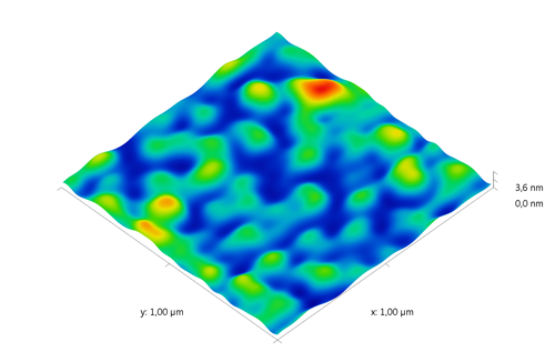 Indium phosphide (InP) on sapphire surface. AFM image. Semi-contact mode. Topography 3D.