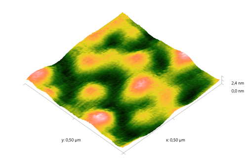 Indium phosphide (InP) on sapphire surface. AFM image. Semi-contact mode. Topography 3D.